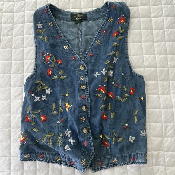 Vintage ORVIS Vest Womens XL Blue Chambray Embroidered Boho Granny Chic Retro - Picture 3 of 9
